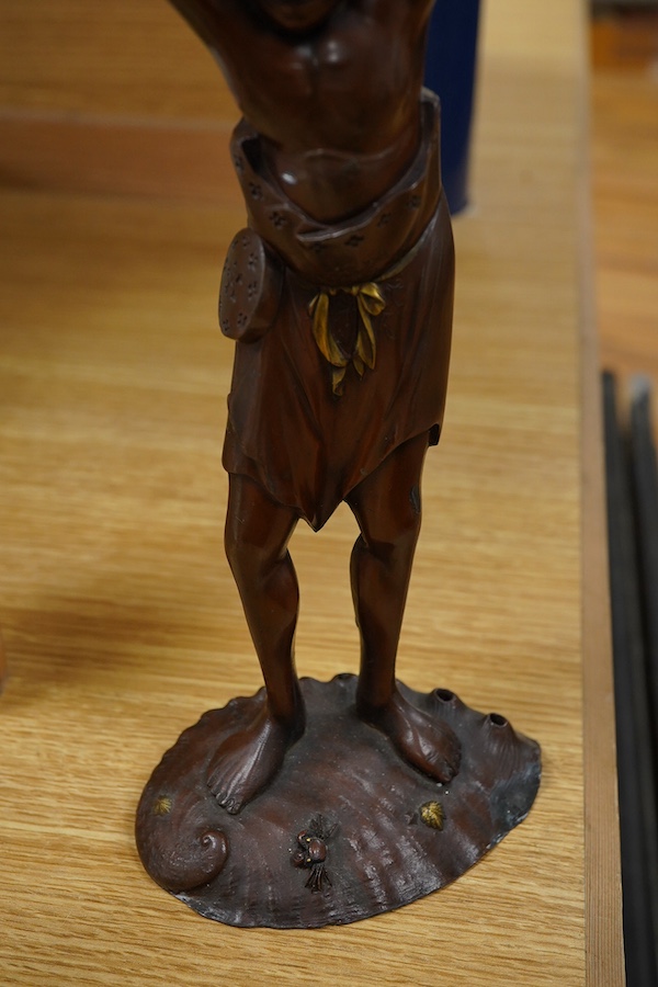 A pair of Japanese patinated metal figures of Ashinaga and Tenaga, Meiji period, 30cm